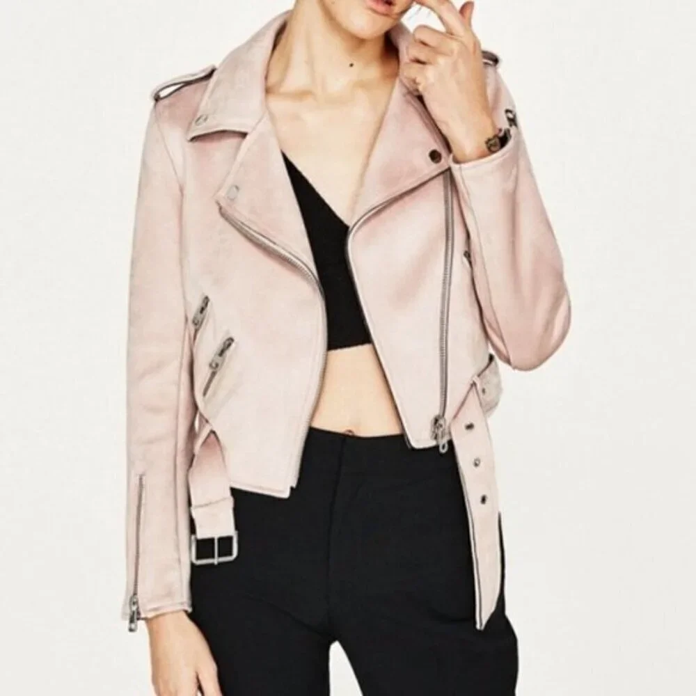 Zara Blush Pink Suede Cropped Moto Jacket Size Medium - Picture 8 of 8